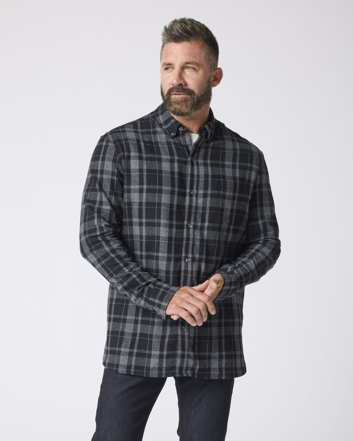 Boxercraft BU7401 Flannel Button-Down Shirt - Black Jordan Plaid - Model Front | Black Jordan Plaid