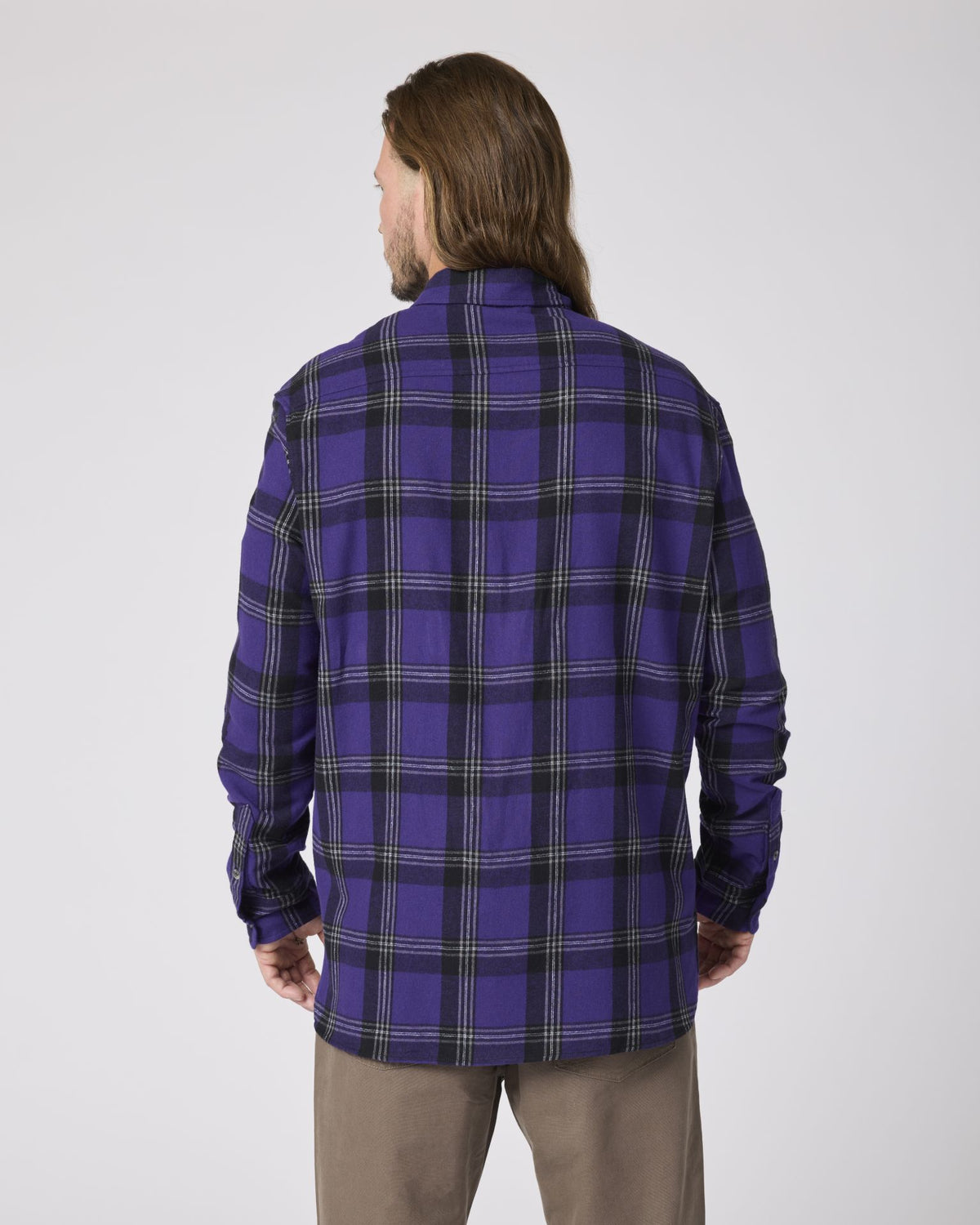 Boxercraft BU7401 Flannel Button-Down Shirt - Purple McIntosh Plaid - Model Back | Purple McIntosh Plaid