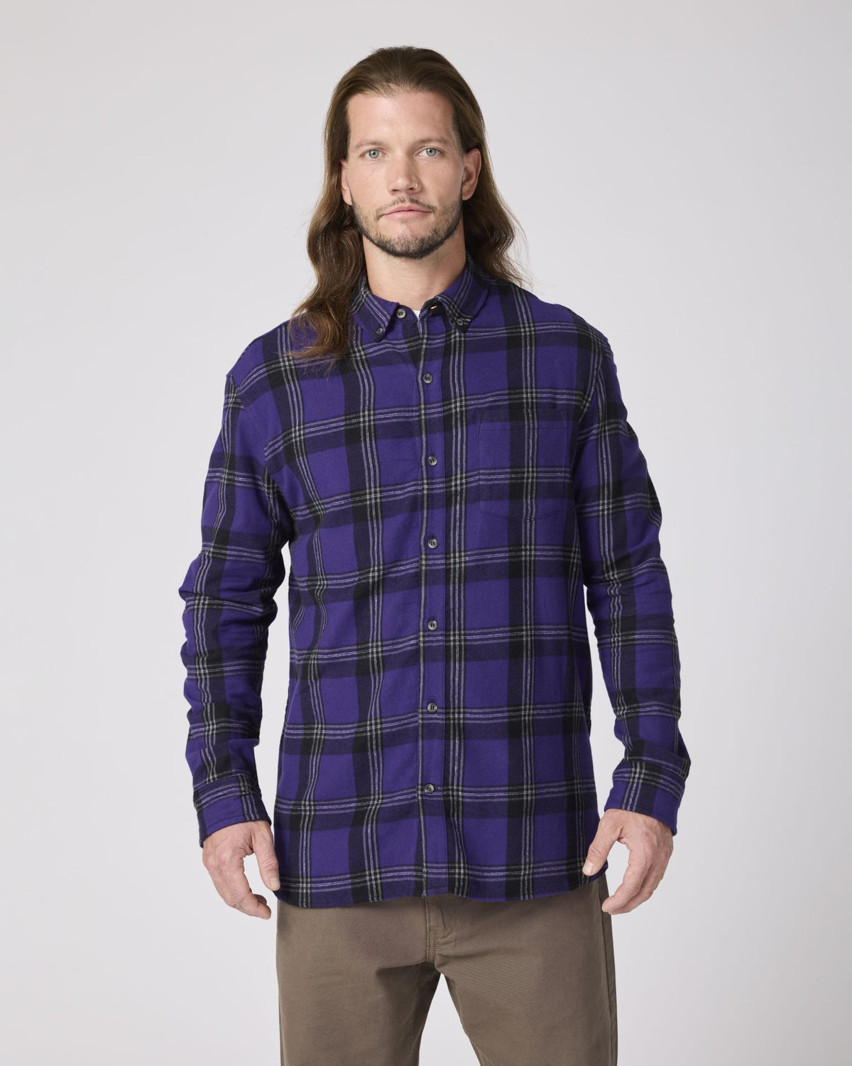 Boxercraft BU7401 Flannel Button-Down Shirt - Purple McIntosh Plaid - Model Front | Purple McIntosh Plaid