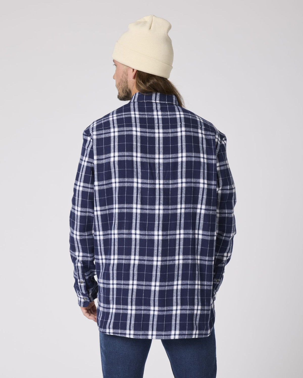 Boxercraft BU7401 Flannel Button-Down Shirt - Navy/Silver Plaid - Model Back | Navy/Silver Plaid