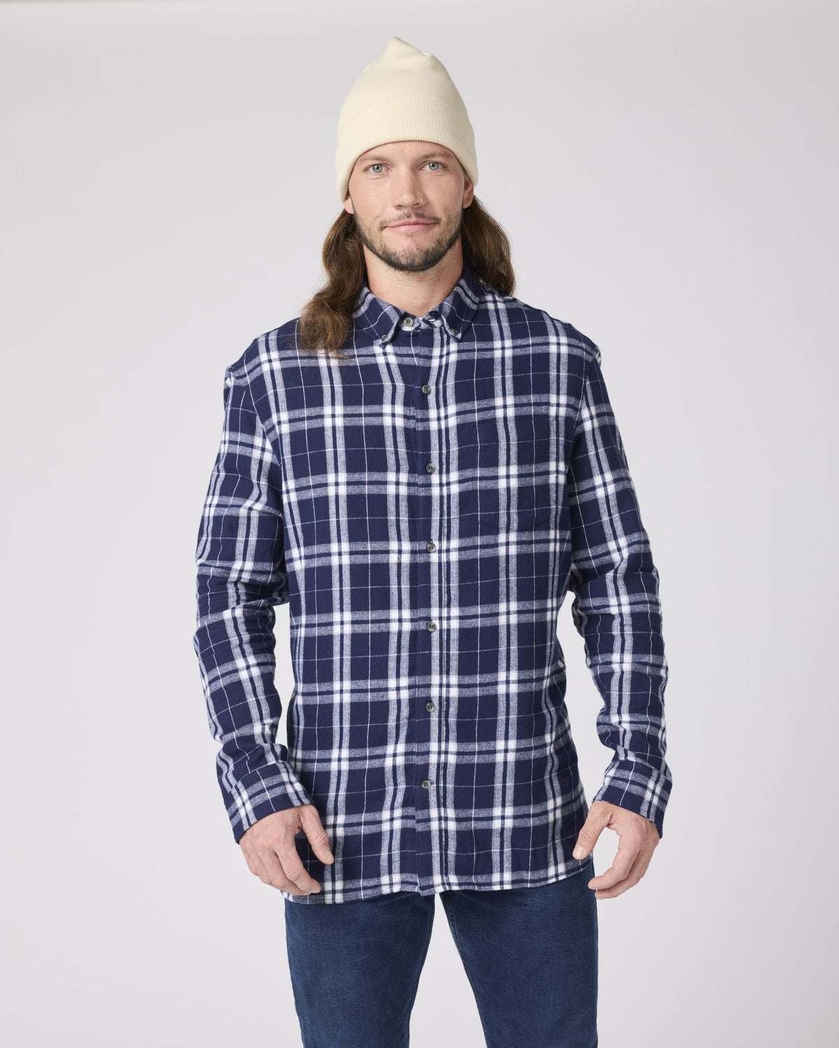 Boxercraft BU7401 Flannel Button-Down Shirt - Navy/Silver Plaid - Model Front | Navy/Silver Plaid