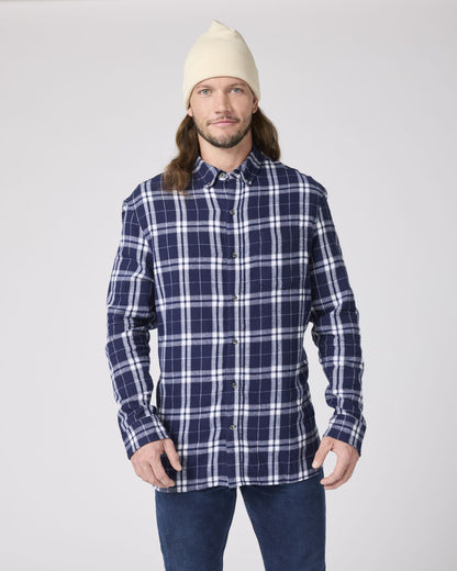 Boxercraft BU7401 Flannel Button-Down Shirt - Navy/Silver Plaid - Model Front | Navy/Silver Plaid
