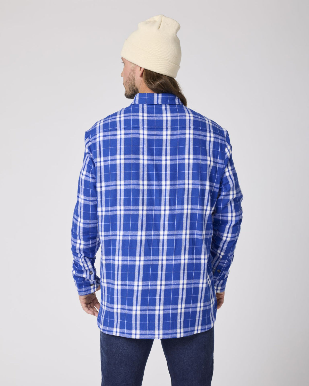 Boxercraft BU7401 Flannel Button-Down Shirt - Royal/Silver Plaid - Model Back | Royal/Silver Plaid