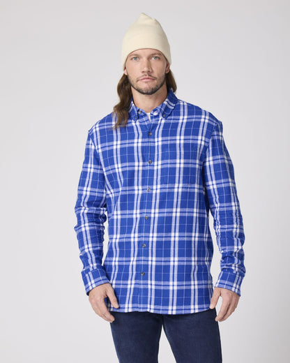 Boxercraft BU7401 Flannel Button-Down Shirt - Royal/Silver Plaid - Model Front | Royal/Silver Plaid