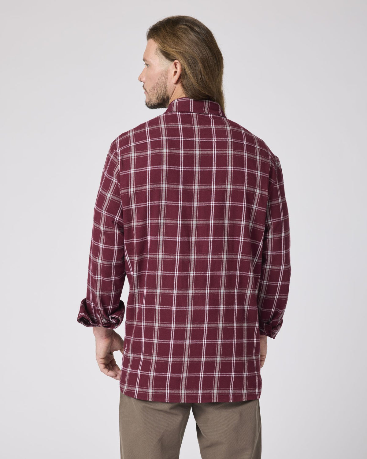 Boxercraft BU7401 Flannel Button-Down Shirt - Varsity Maroon/Oxford - Model Back | Varsity Maroon/Oxford