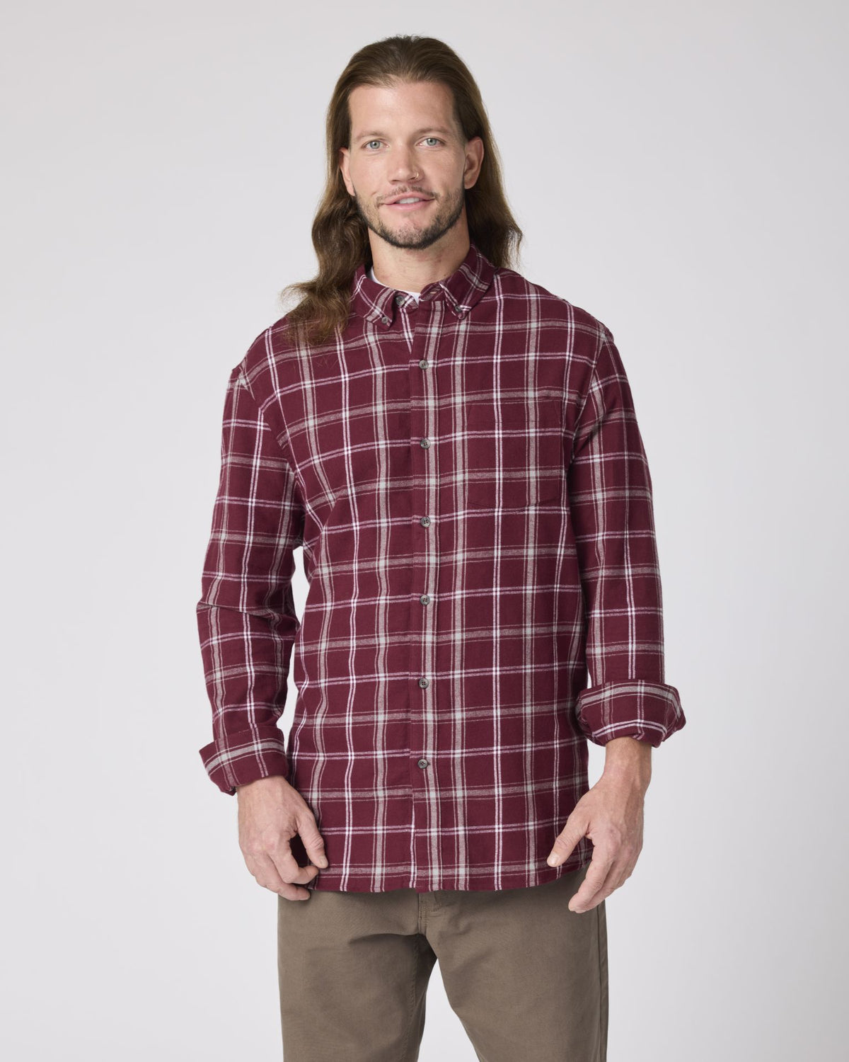 Boxercraft BU7401 Flannel Button-Down Shirt - Varsity Maroon/Oxford - Model Front | Varsity Maroon/Oxford