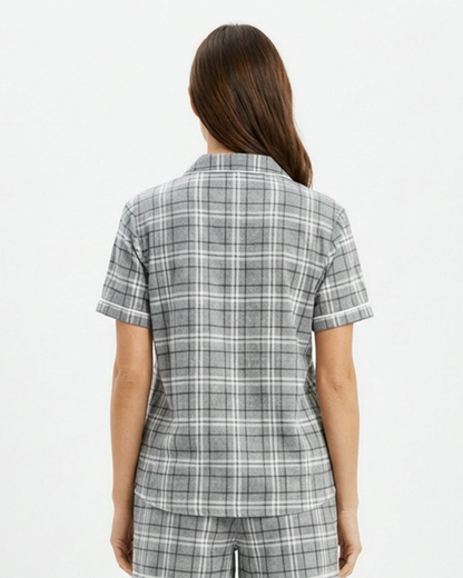 Boxercraft BW7101 Women's Boxy Flannel Shirt - Oxford Carnegie Plaid - Model Back | Oxford Carnegie Plaid
