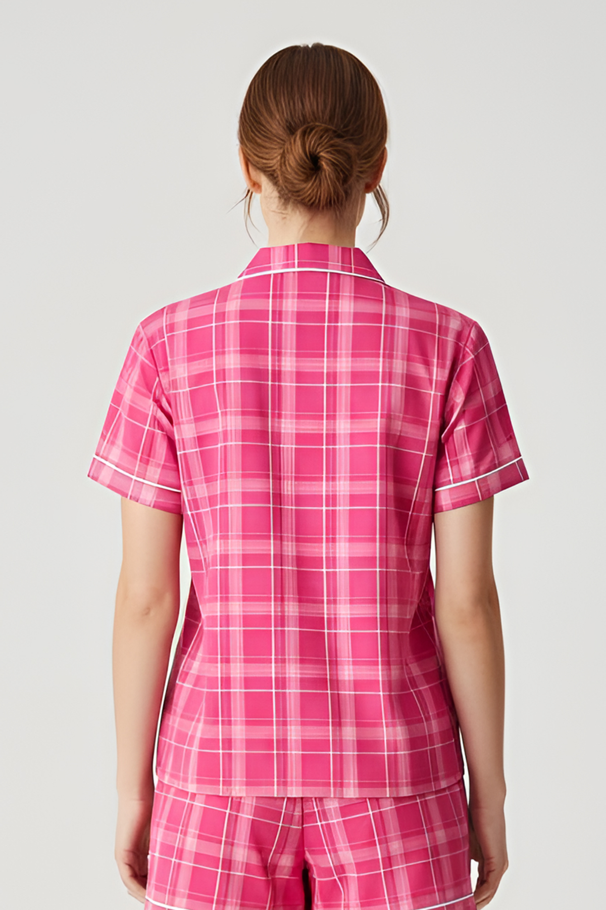 Boxercraft BW7101 Women's Boxy Flannel Shirt - Pink Carnegie Plaid - Model Back | Pink Carnegie Plaid