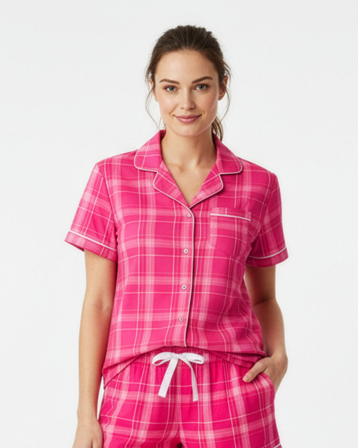 Boxercraft BW7101 Women's Boxy Flannel Shirt - Pink Carnegie Plaid - Model Front | Pink Carnegie Plaid