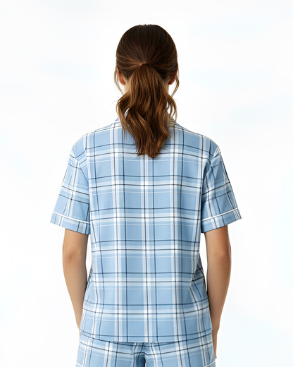 Boxercraft BW7101 Women's Boxy Flannel Shirt - Sky Carnegie Plaid - Model Back | Sky Carnegie Plaid