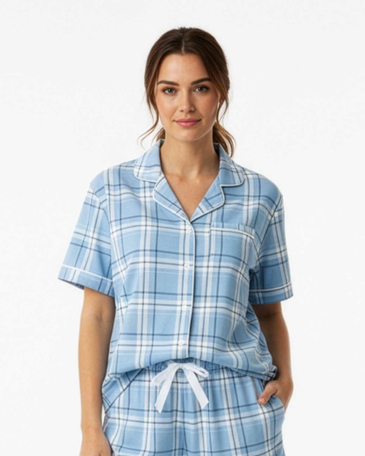 Boxercraft BW7101 Women's Boxy Flannel Shirt - Sky Carnegie Plaid - Model Front | Sky Carnegie Plaid