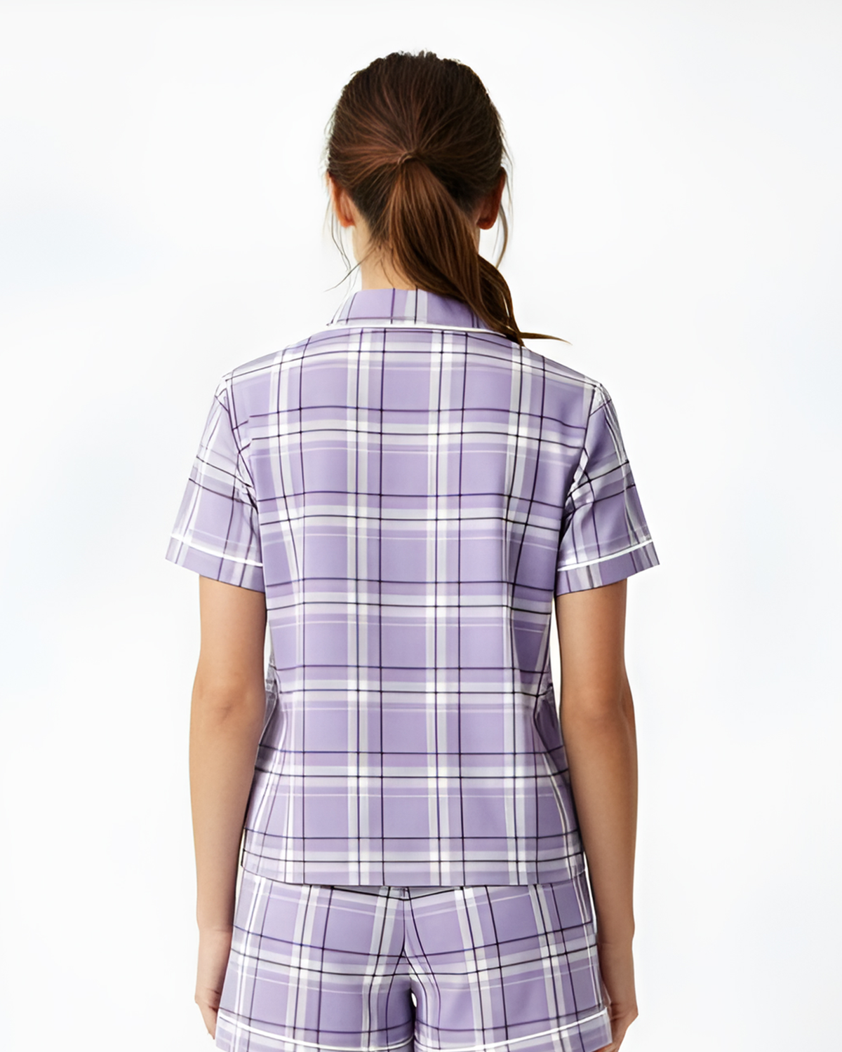 Boxercraft BW7101 Women's Boxy Flannel Shirt - Lavender Carnegie Plaid - Model Back | Lavender Carnegie Plaid
