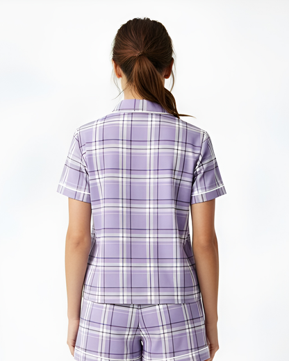 Boxercraft BW7101 Women's Boxy Flannel Shirt - Lavender Carnegie Plaid - Model Back | Lavender Carnegie Plaid