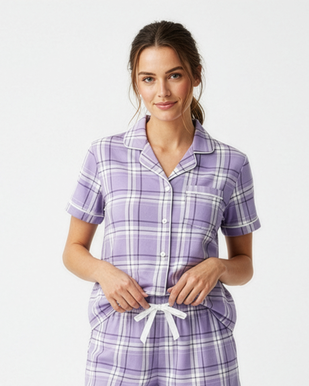 Boxercraft BW7101 Women's Boxy Flannel Shirt - Lavender Carnegie Plaid - Model Front | Lavender Carnegie Plaid