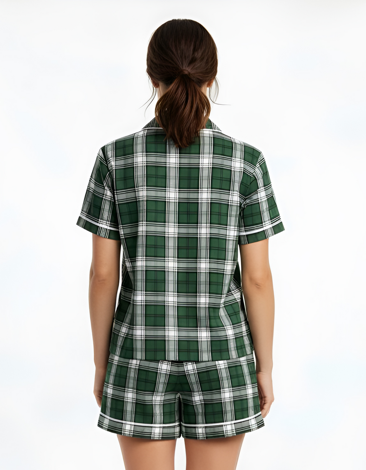 Boxercraft BW7101 Women's Boxy Flannel Shirt - Green/White Plaid - Model Back | Green/White Plaid