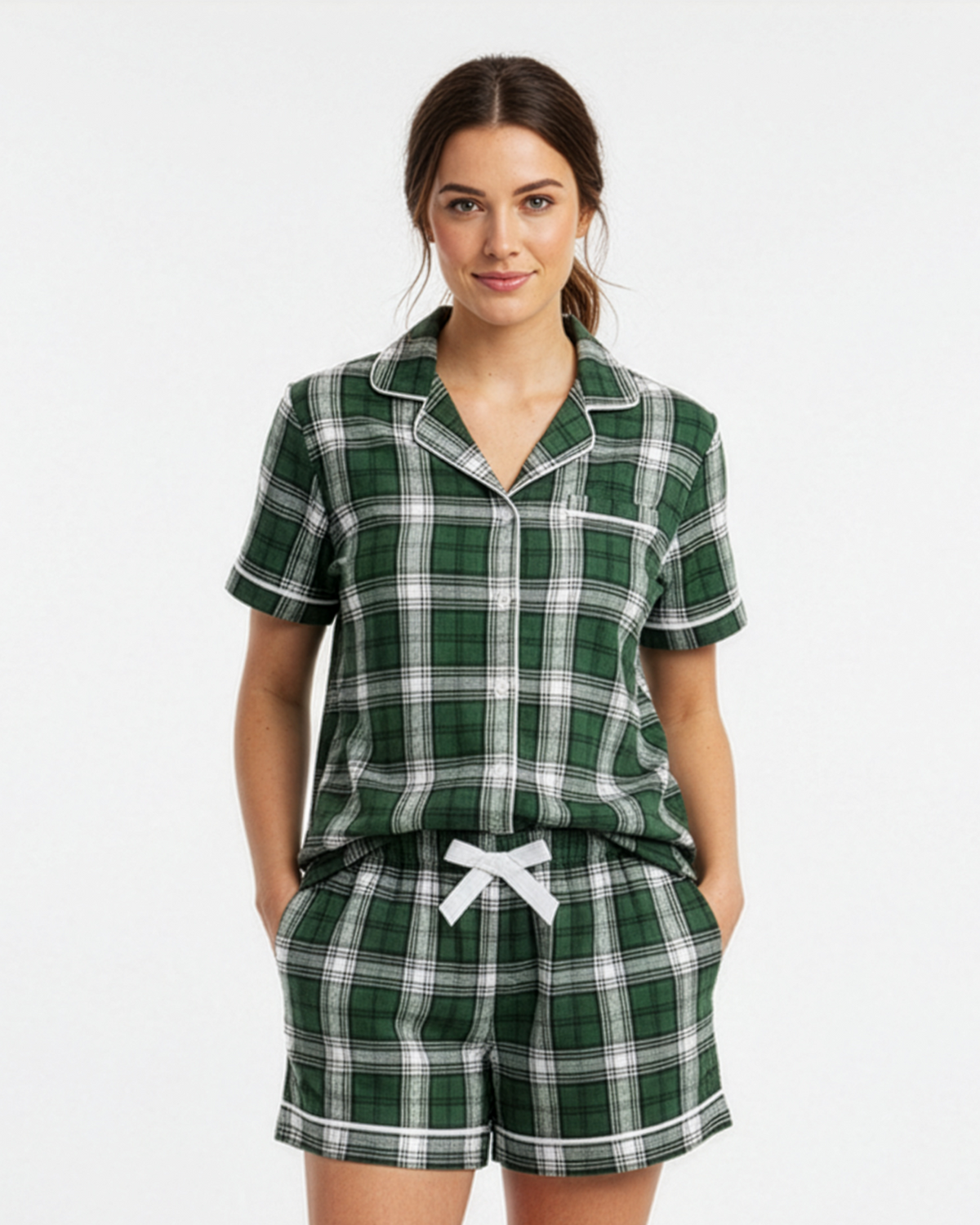 Boxercraft BW7101 Women's Boxy Flannel Shirt - Green/White Plaid - Model Front | Green/White Plaid
