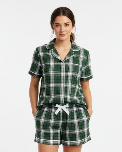Boxercraft BW7101 Women's Boxy Flannel Shirt - Green/White Plaid - Model Front | Green/White Plaid