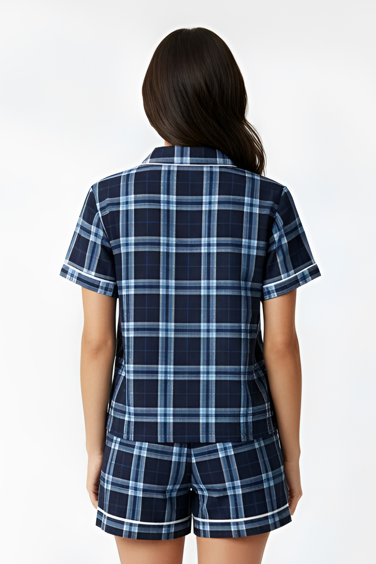 Boxercraft BW7101 Women's Boxy Flannel Shirt - Navy/Columbia Plaid - Model Back | Navy/Columbia Plaid
