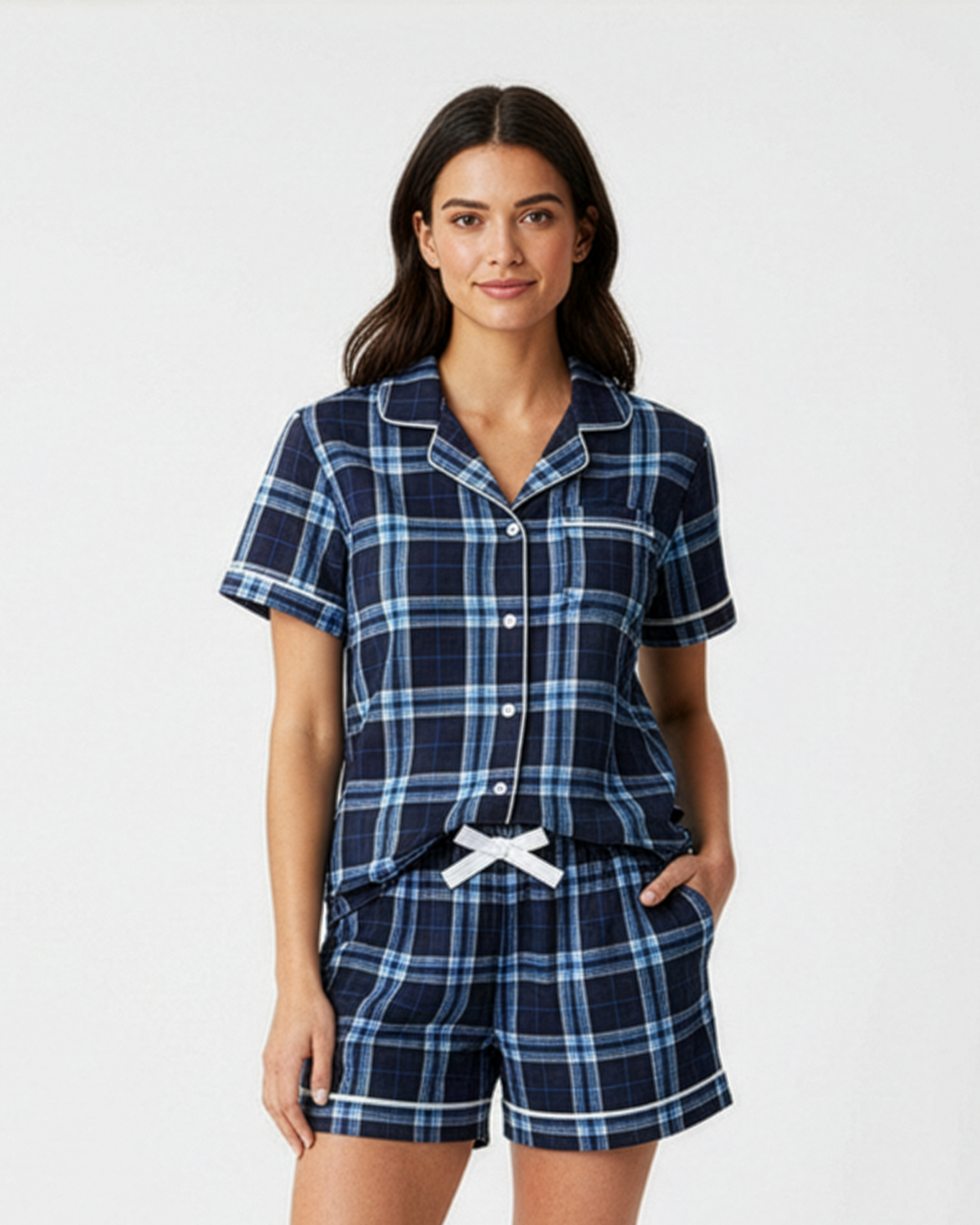 Boxercraft BW7101 Women's Boxy Flannel Shirt - Navy/Columbia Plaid - Model Front | Navy/Columbia Plaid