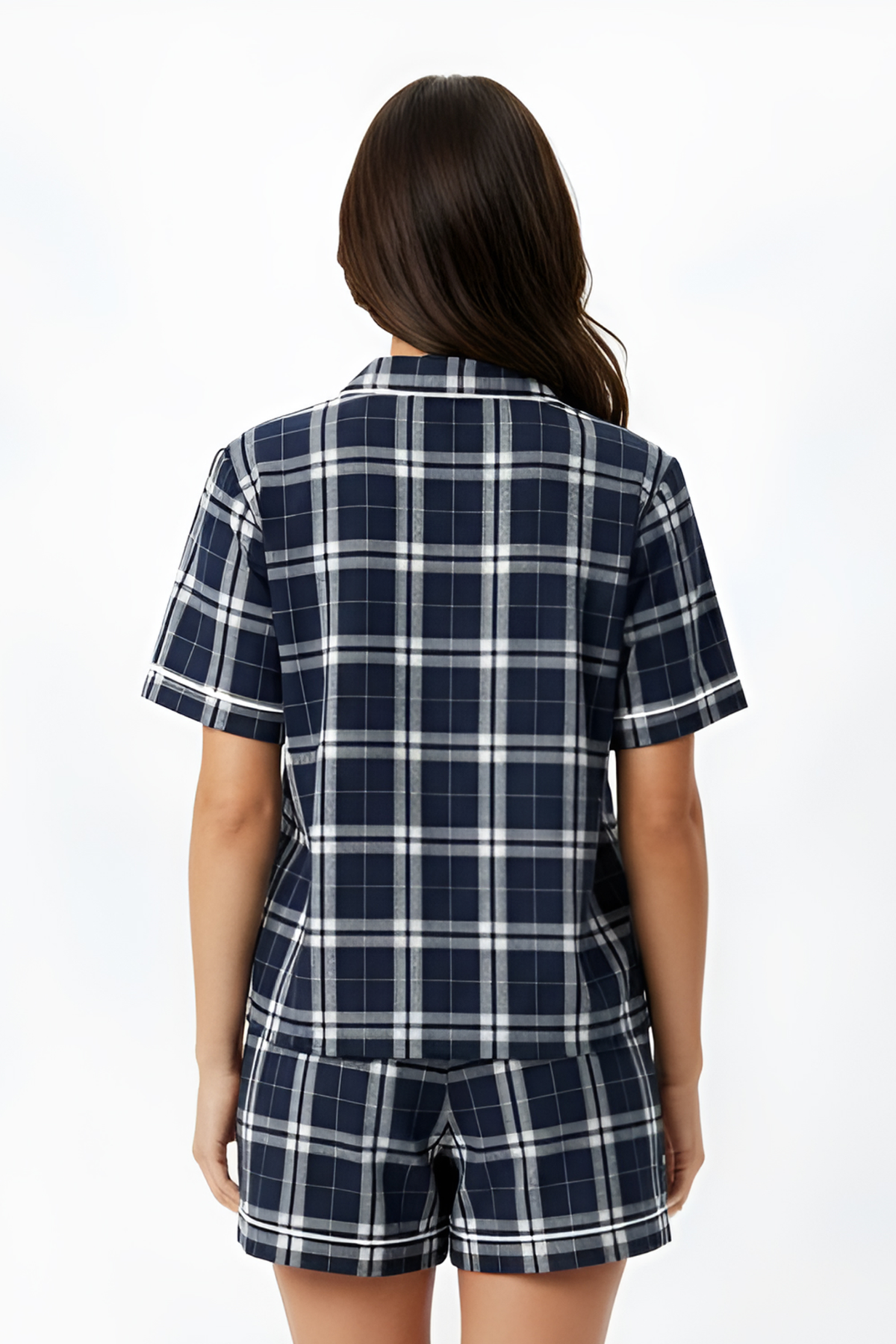 Boxercraft BW7101 Women's Boxy Flannel Shirt - Navy/Silver Plaid - Model Back | Navy/Silver Plaid