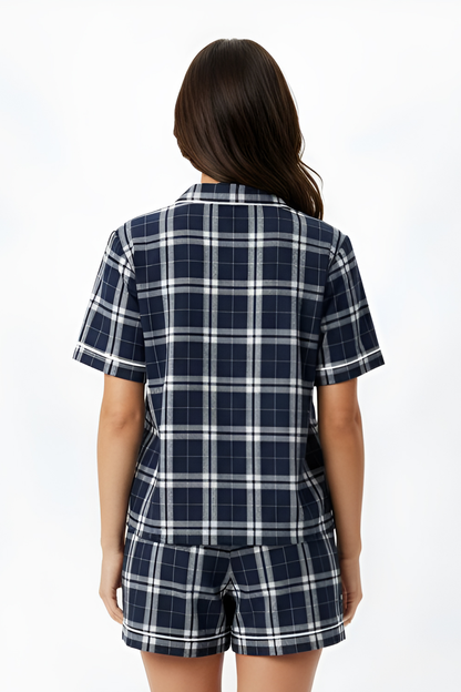 Boxercraft BW7101 Women's Boxy Flannel Shirt - Navy/Silver Plaid - Model Back | Navy/Silver Plaid