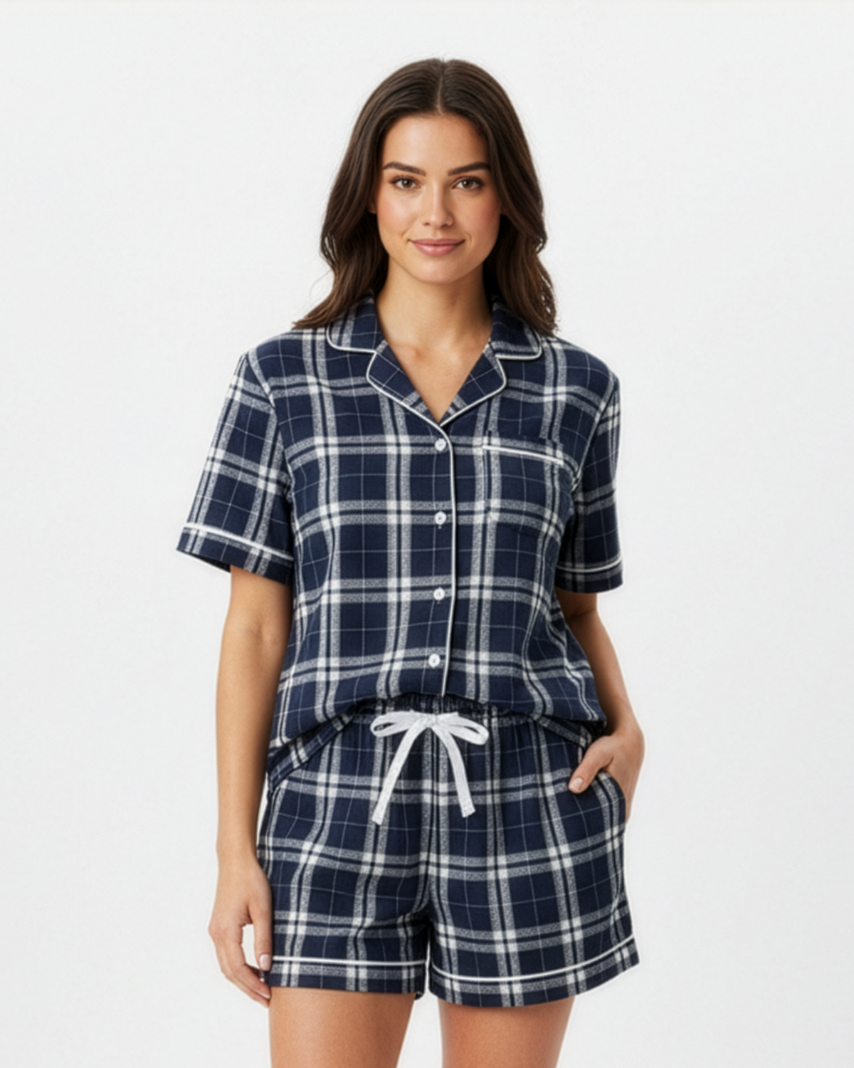 Boxercraft BW7101 Women's Boxy Flannel Shirt - Navy/Silver Plaid - Model Front | Navy/Silver Plaid