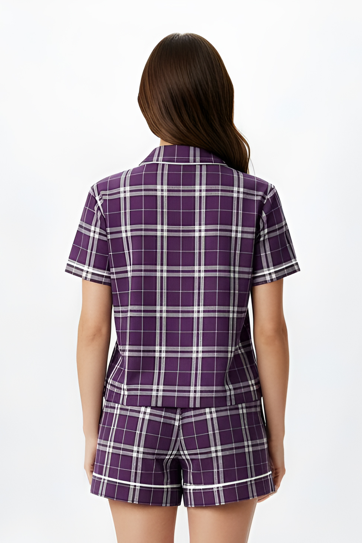 Boxercraft BW7101 Women's Boxy Flannel Shirt - Purple/White Plaid - Model Back | Purple/White Plaid