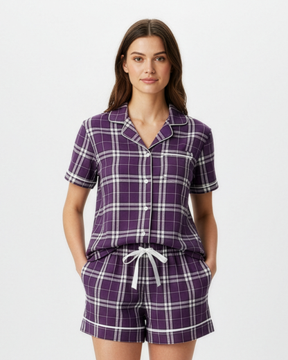 Boxercraft BW7101 Women's Boxy Flannel Shirt - Purple/White Plaid - Model Front | Purple/White Plaid