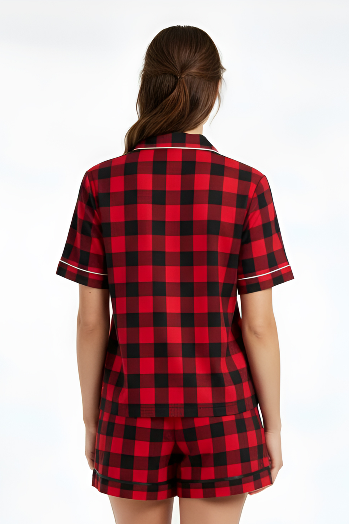 Boxercraft BW7101 Women's Boxy Flannel Shirt - Red/Black Buffalo Plaid - Model Back | Red/Black Buffalo Plaid
