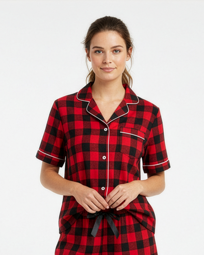 Boxercraft BW7101 Women's Boxy Flannel Shirt - Red/Black Buffalo Plaid - Model Front | Red/Black Buffalo Plaid