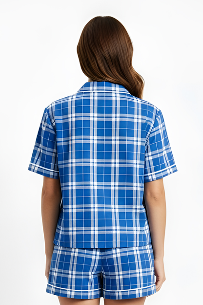 Boxercraft BW7101 Women's Boxy Flannel Shirt - Royal/Silver Plaid - Model Back | Royal/Silver Plaid