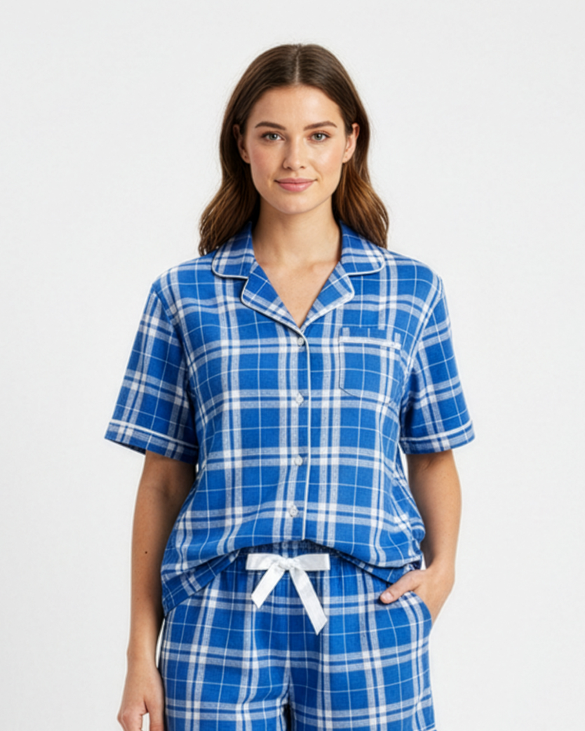 Boxercraft BW7101 Women's Boxy Flannel Shirt - Royal/Silver Plaid - Model Front | Royal/Silver Plaid