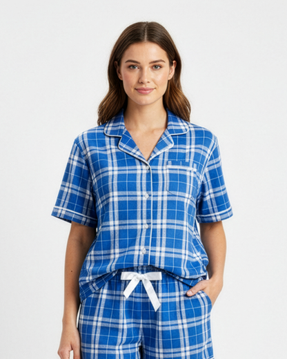 Boxercraft BW7101 Women's Boxy Flannel Shirt - Royal/Silver Plaid - Model Front | Royal/Silver Plaid