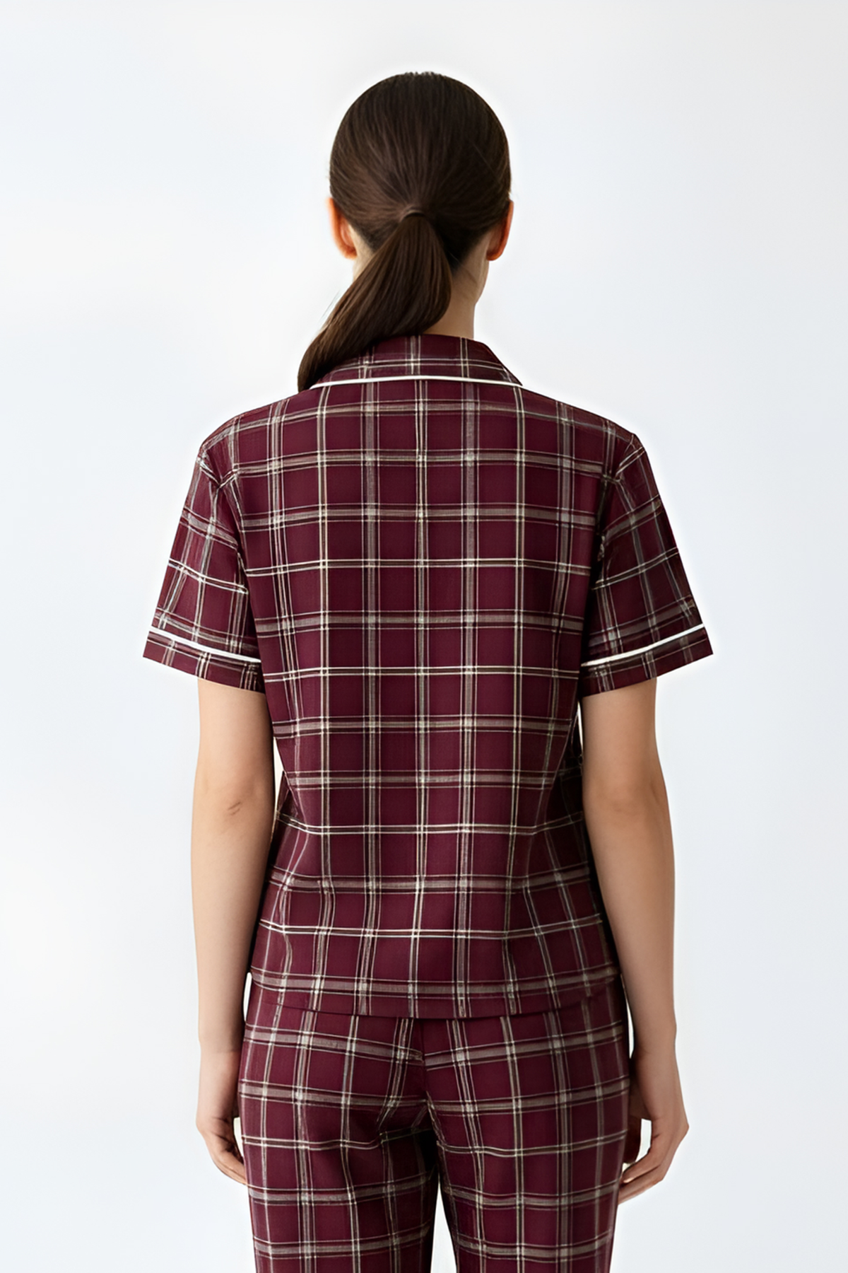 Boxercraft BW7101 Women's Boxy Flannel Shirt - Varsity Maroon/Oxford - Model Back | Varsity Maroon/Oxford