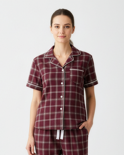Boxercraft BW7101 Women's Boxy Flannel Shirt - Varsity Maroon/Oxford - Model Front | Varsity Maroon/Oxford