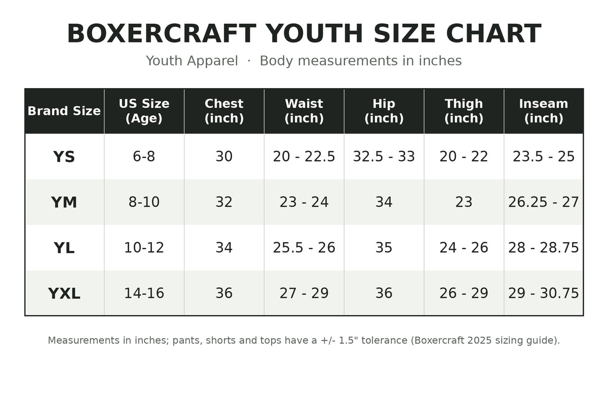 Boxercraft youth size chart