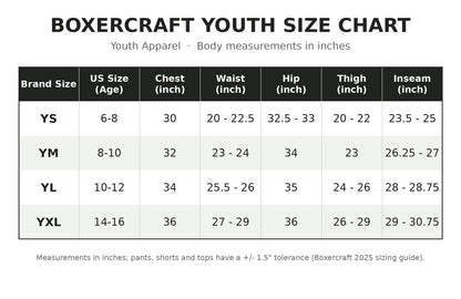 Boxercraft youth size chart